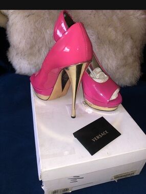 Versace Hot Pink Patent Leather Peep-Toe Platform Heels with Gold Stiletto